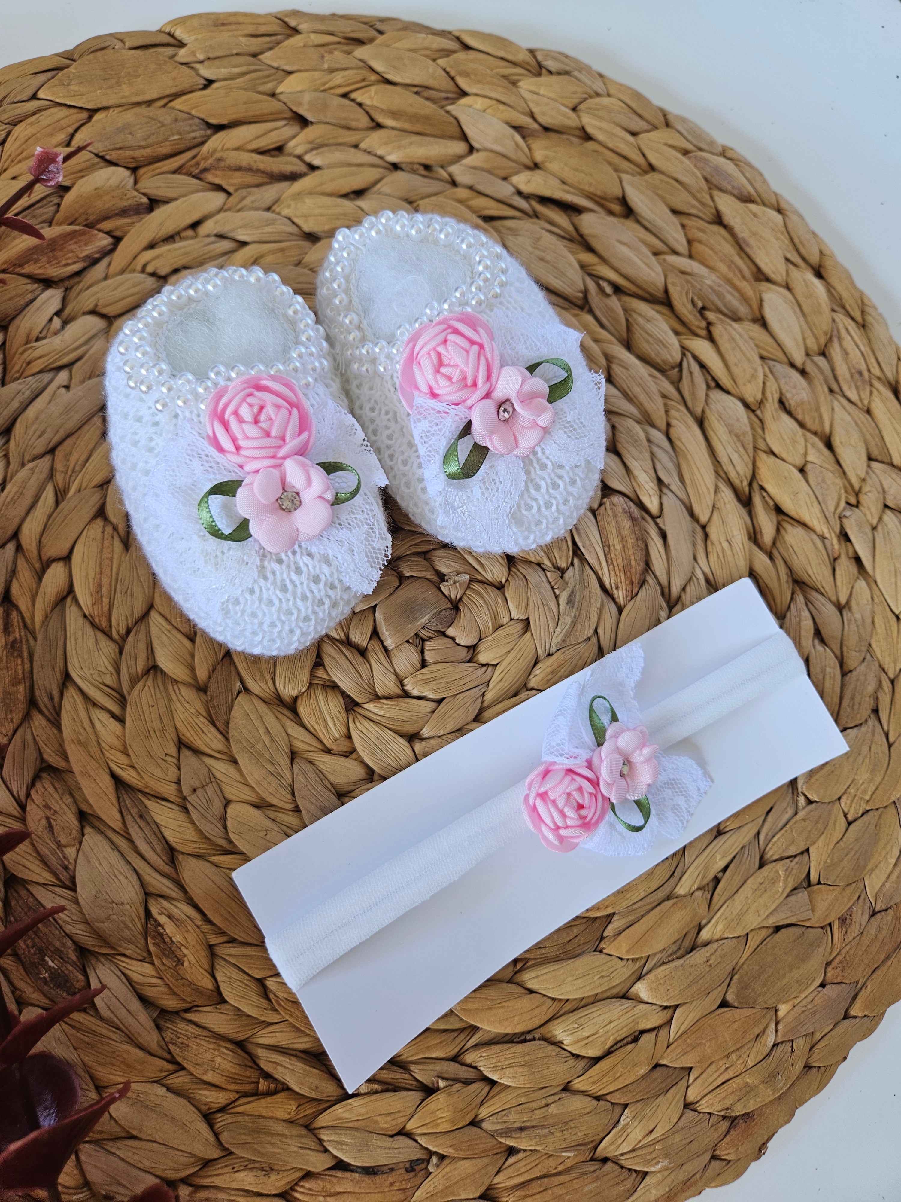 Handmade Bootie and Headband Pink Flower Set - White