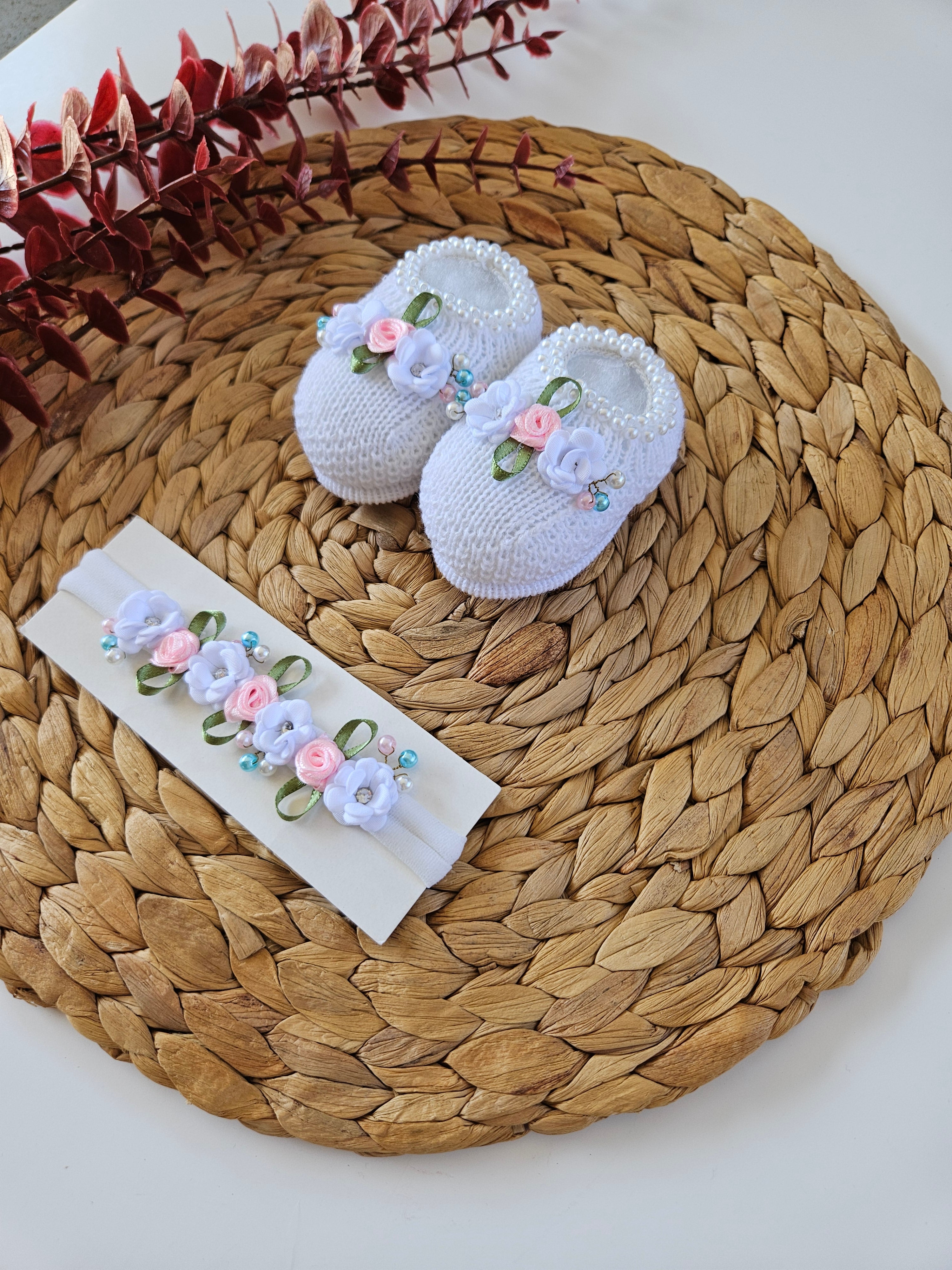 Handmade Bootie and Headband Set - White