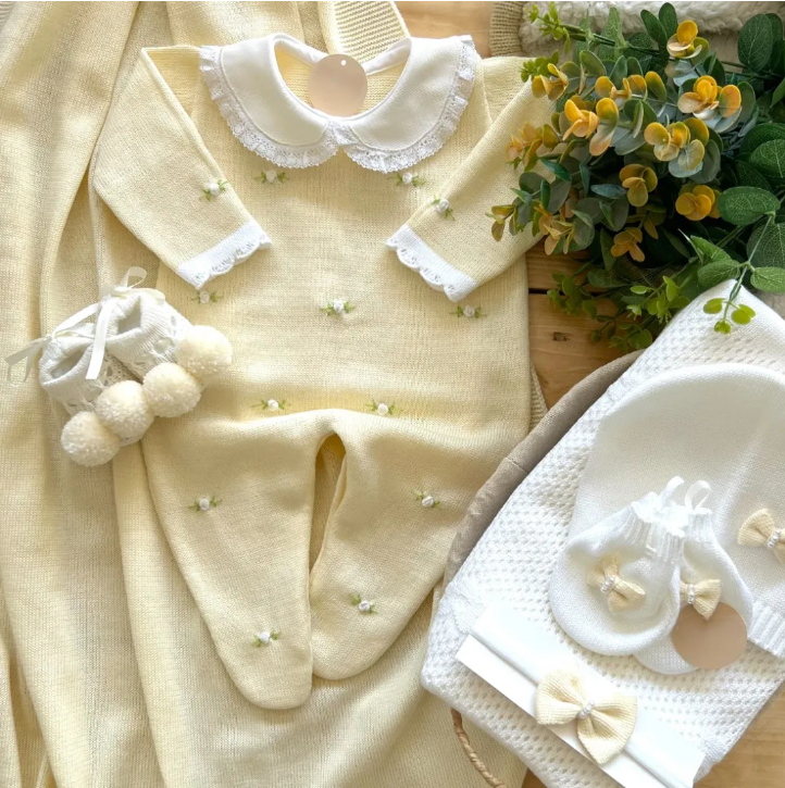 Handmade Yellow Baby knit Romper with Flower Newborn