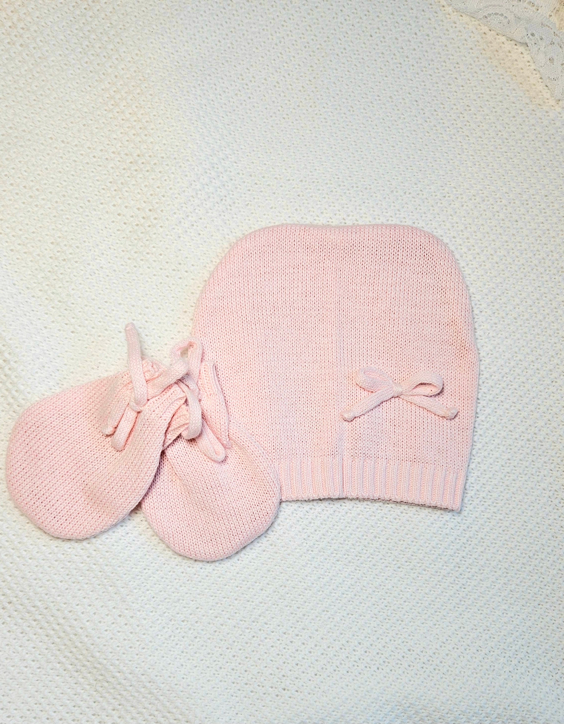 Hat & Mittens  pink knitted baby bonnet Newborn simple