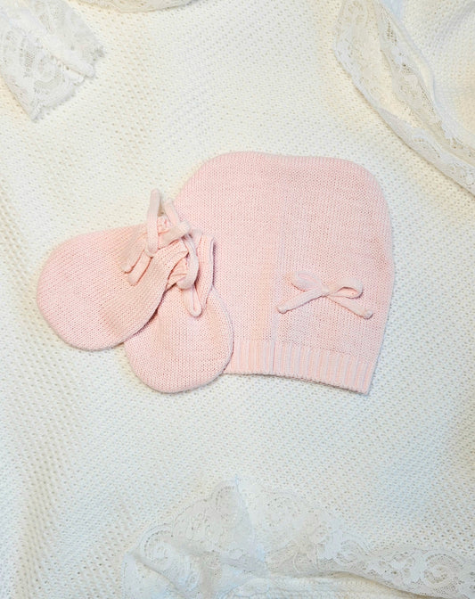 Hat & Mittens  pink knitted baby bonnet Newborn simple