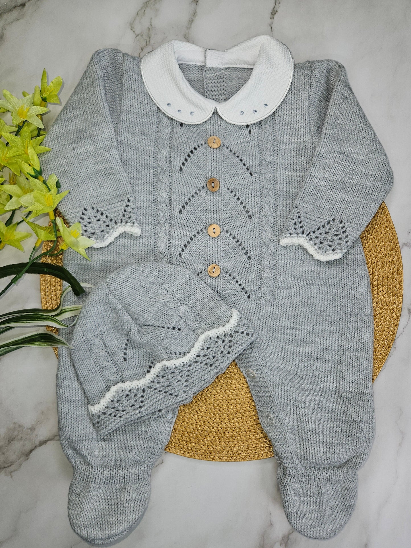 Spanish Wood Button Romper-Gray