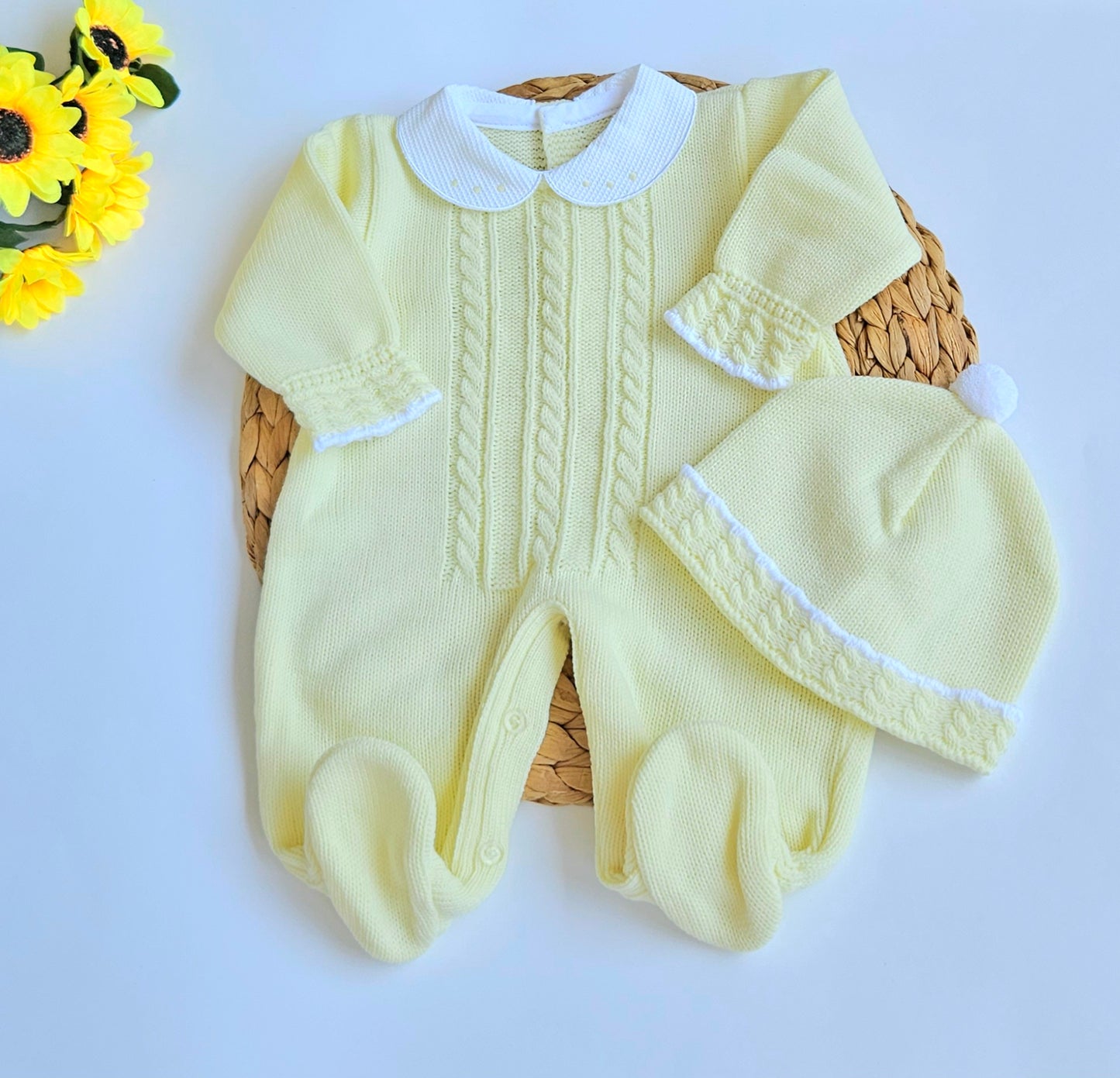 Cable Knit Newborn Romper - Yellow