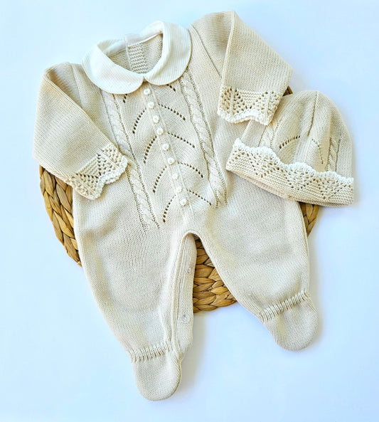 Spanish knitted Romper- Beige & White