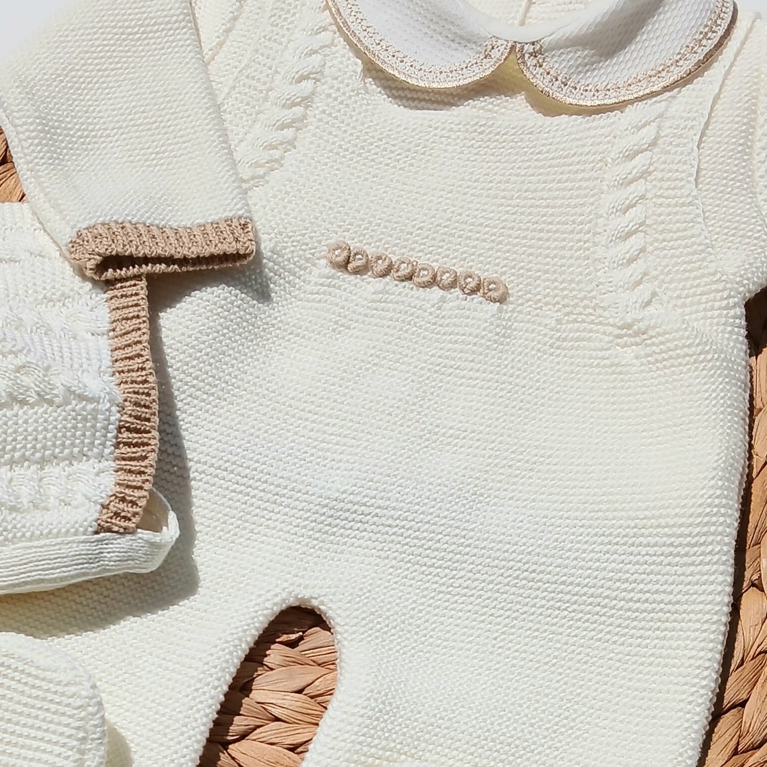 optional neutral baby knit going home outfit Baby outfit with Ivory and brown patterned romper and hat on , newborn boy knit outfit to coming home from hospital. 