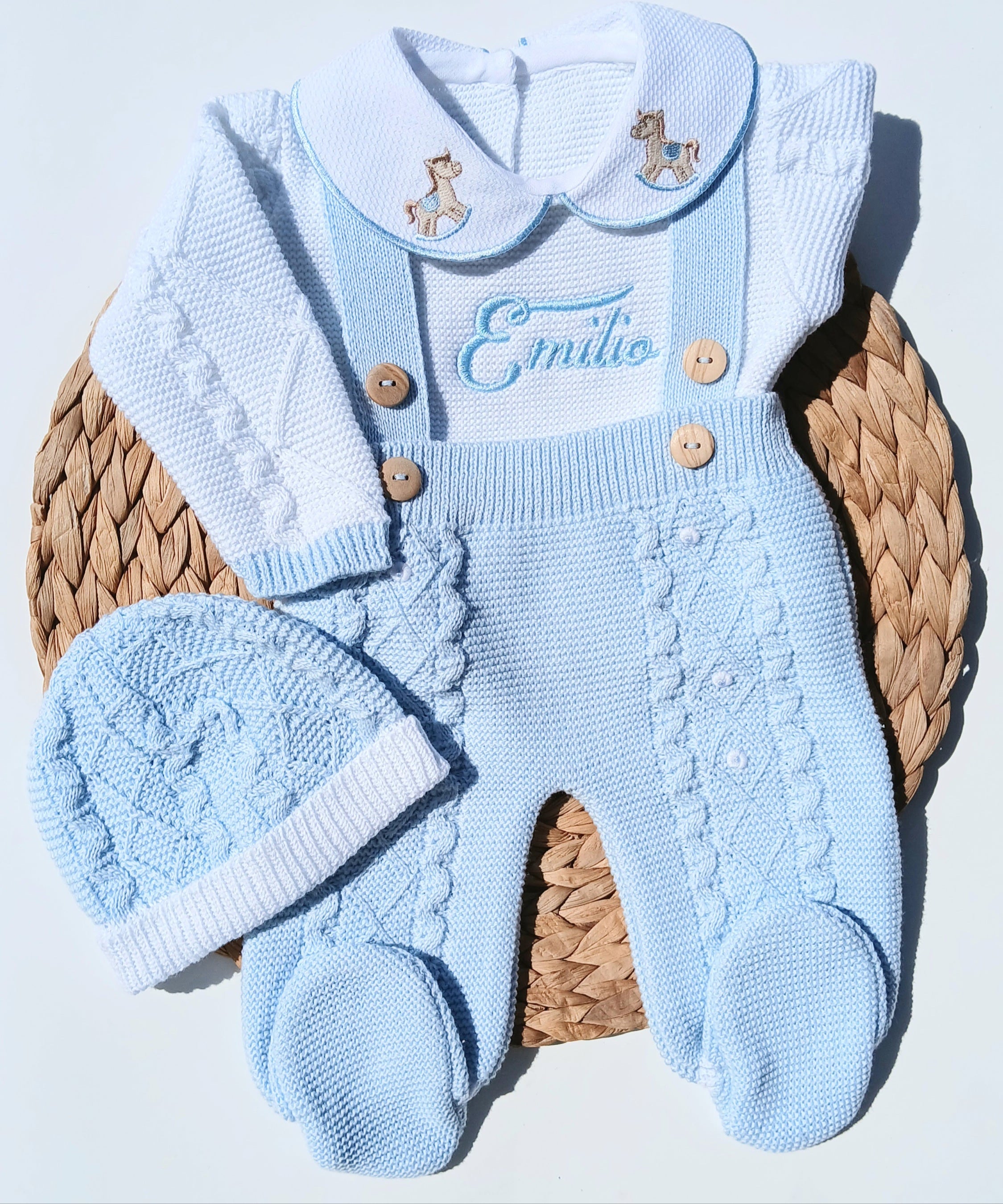 horse details Knitted baby outfit with overalls, shirt, and hat 
