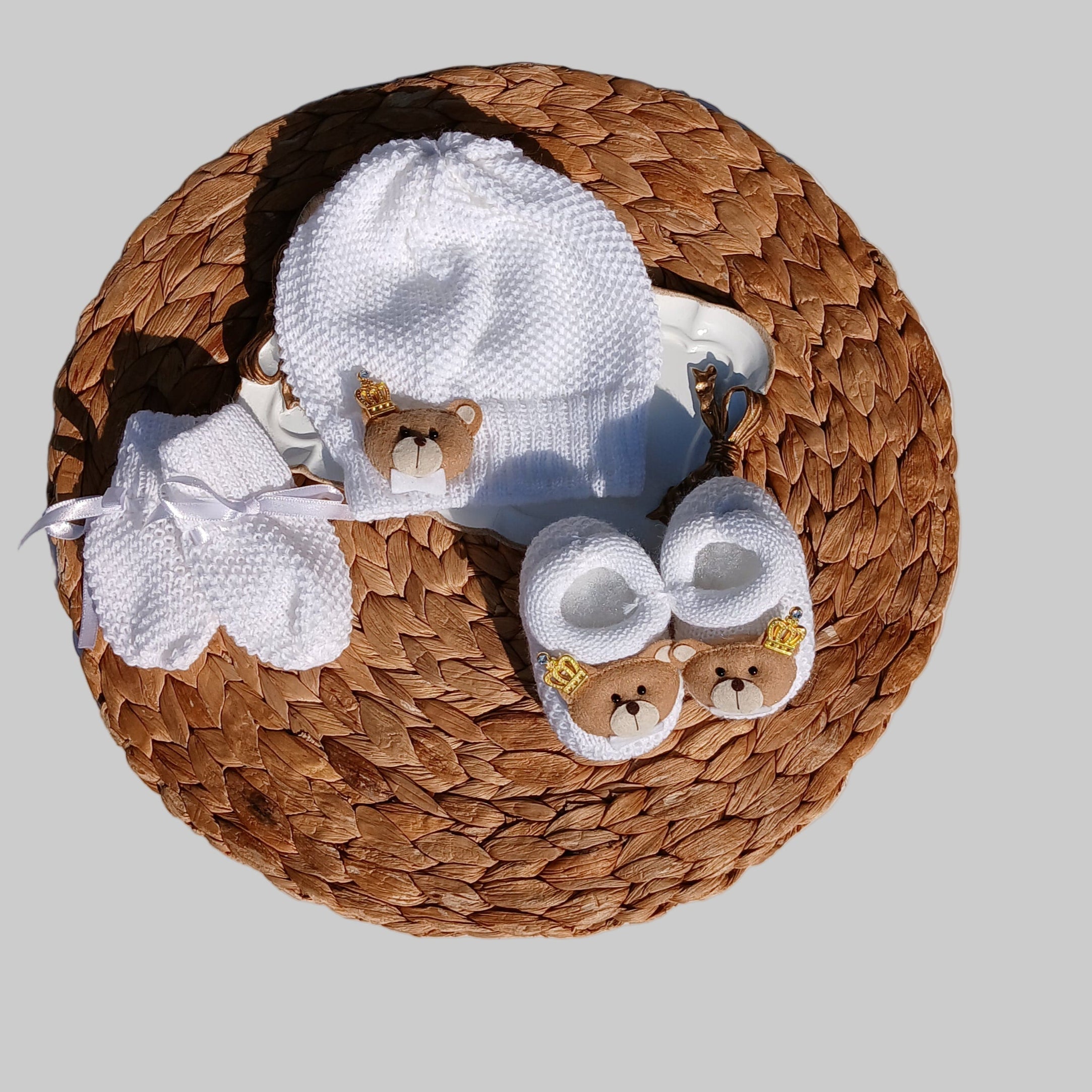 Bear Hat, Mittens and Booties Set - White