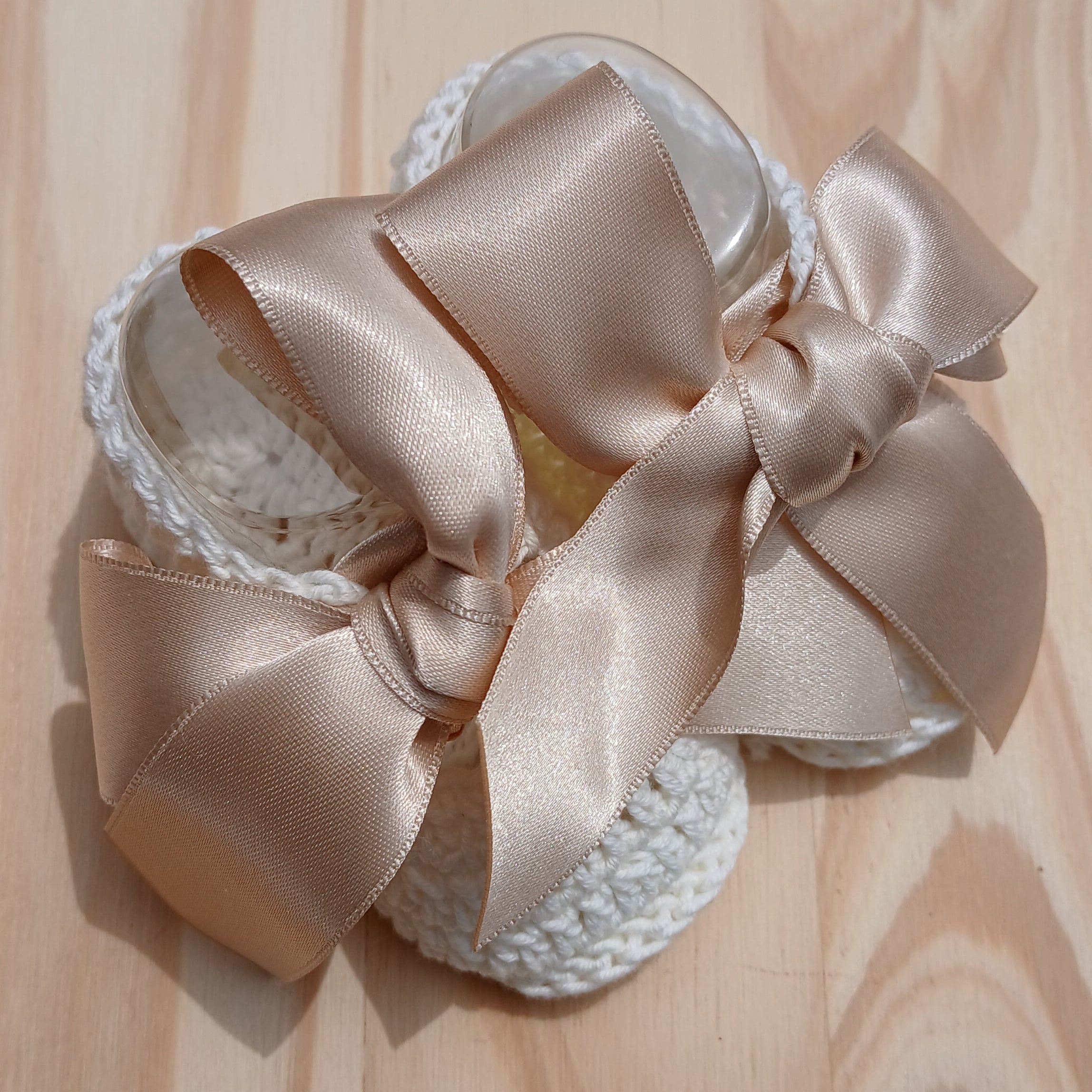 baby Bootie crochet  ivory gold with satin bow 