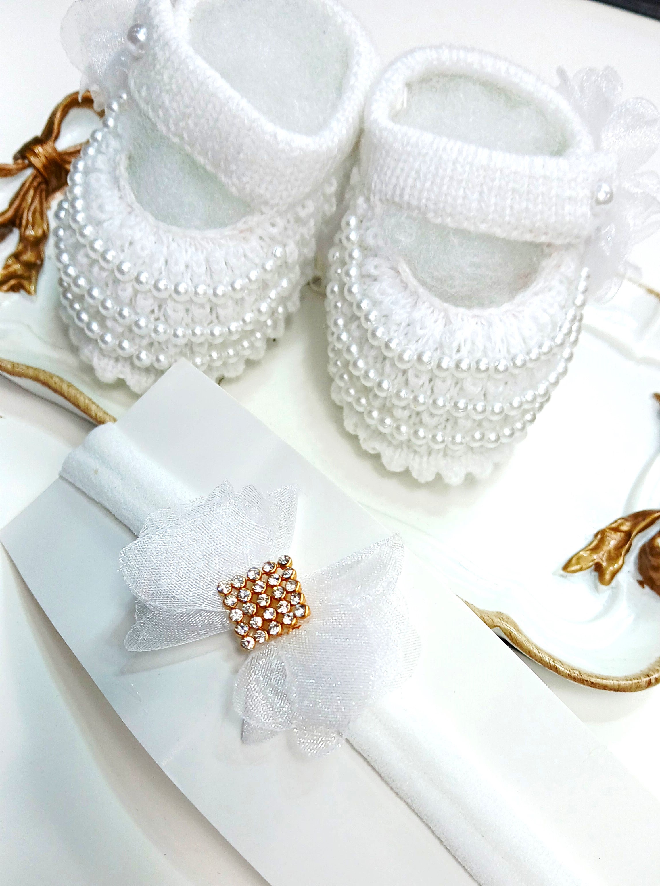 Handmade Bootie and Headband Pearl Set - White