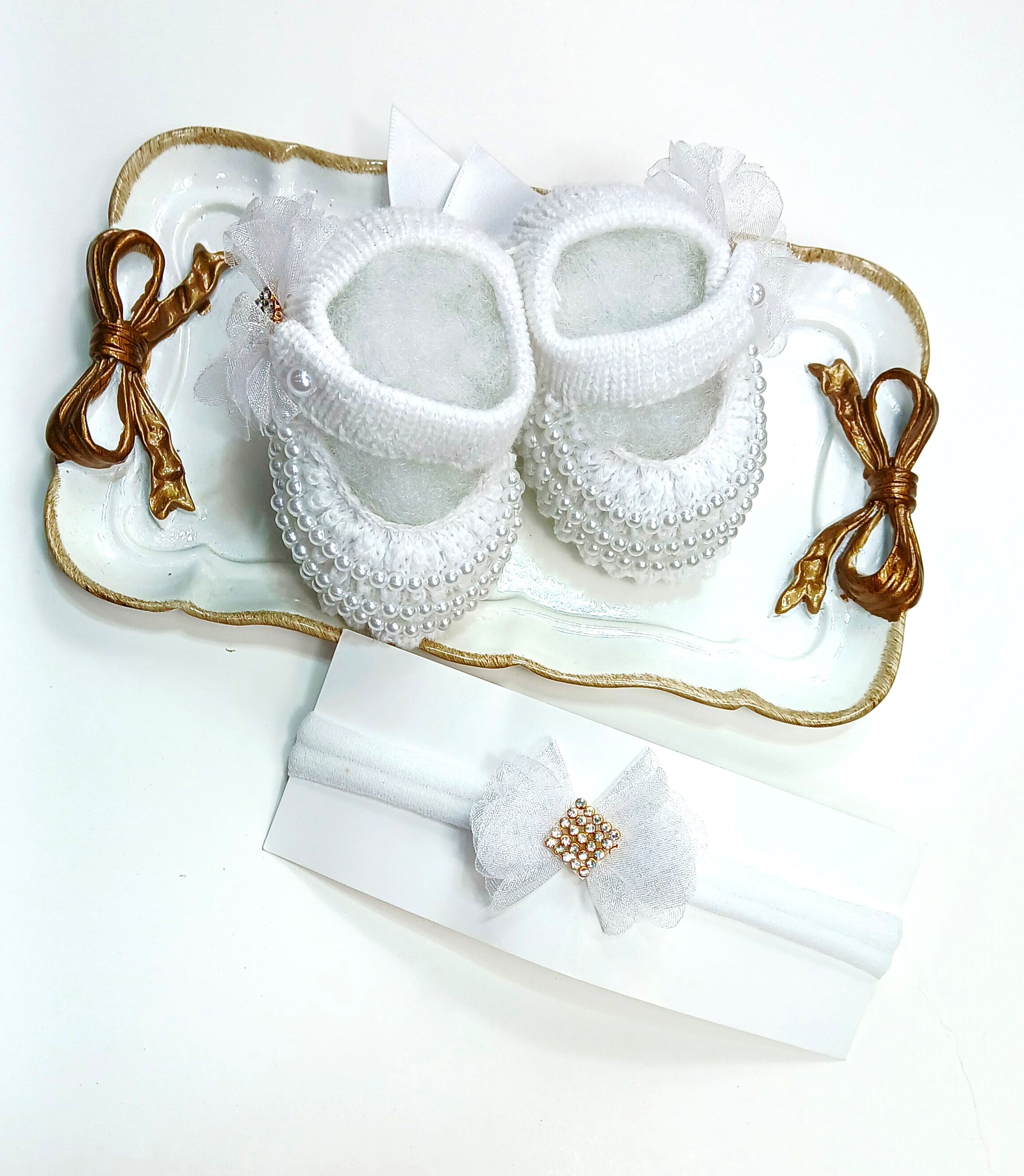 Handmade Bootie and Headband Pearl Set - White