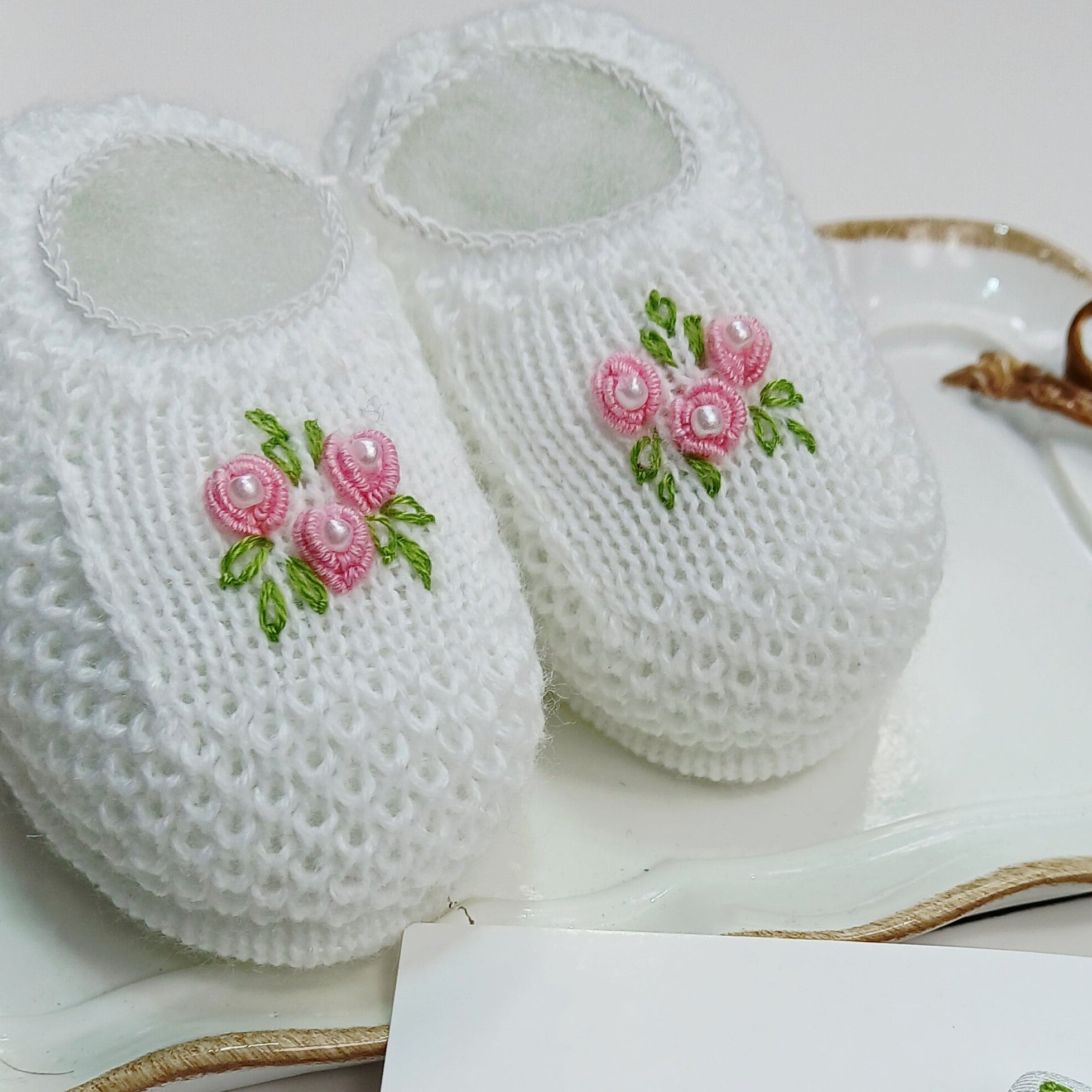 Handmade Bootie and Headband Pink Flowers Set - White