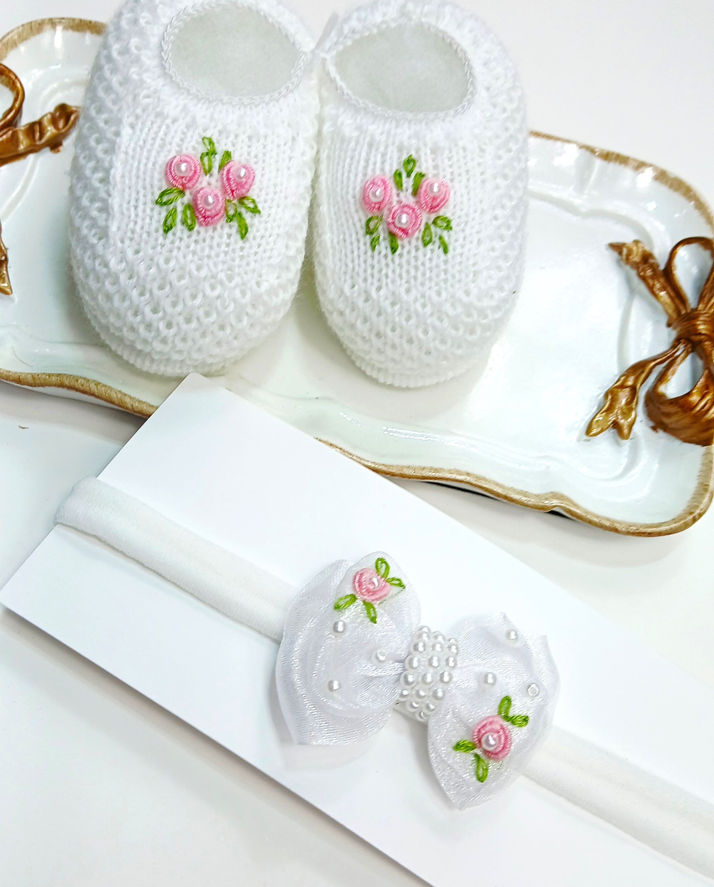Handmade Bootie and Headband Pink Flowers Set - White