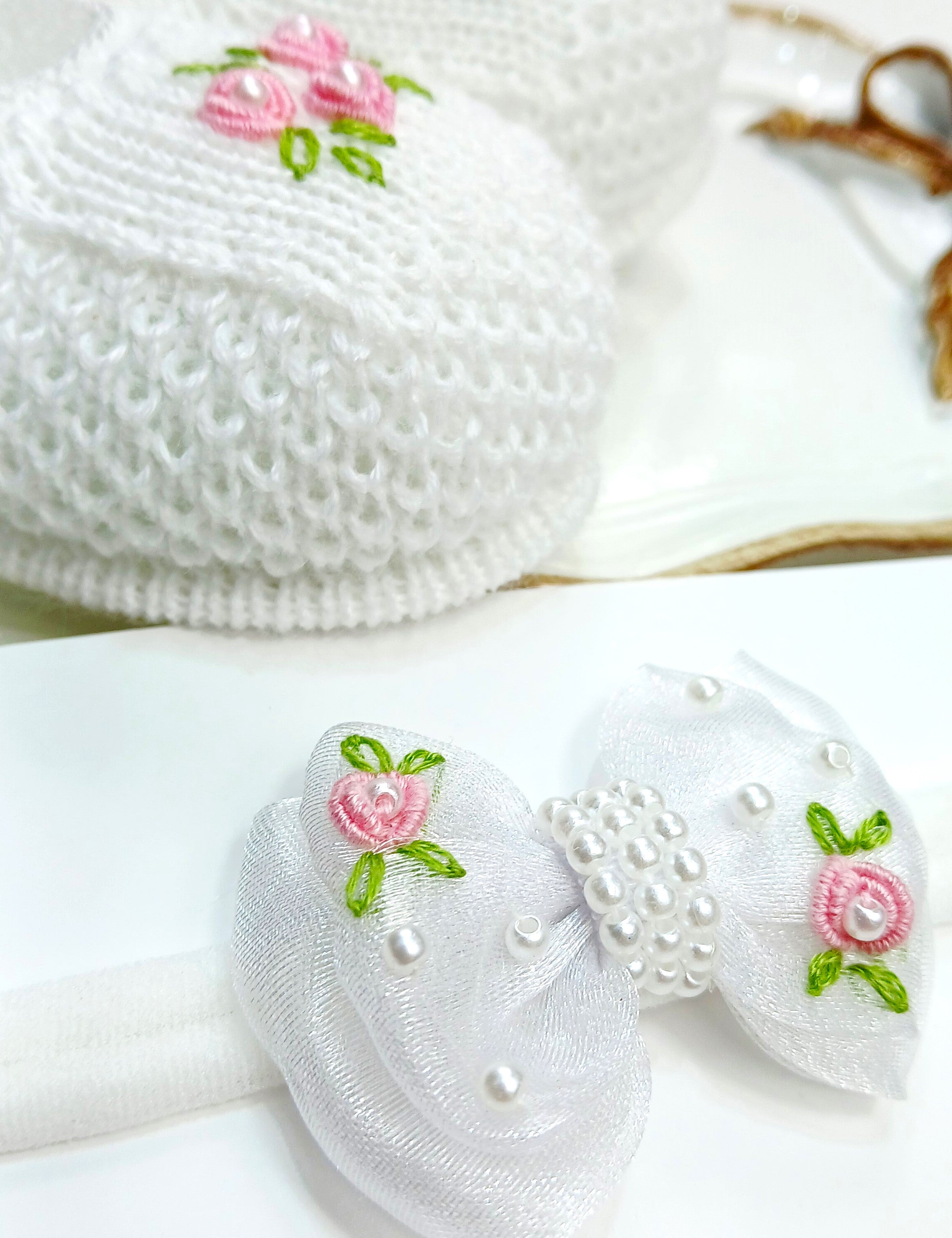 Handmade Bootie and Headband Pink Flowers Set - White