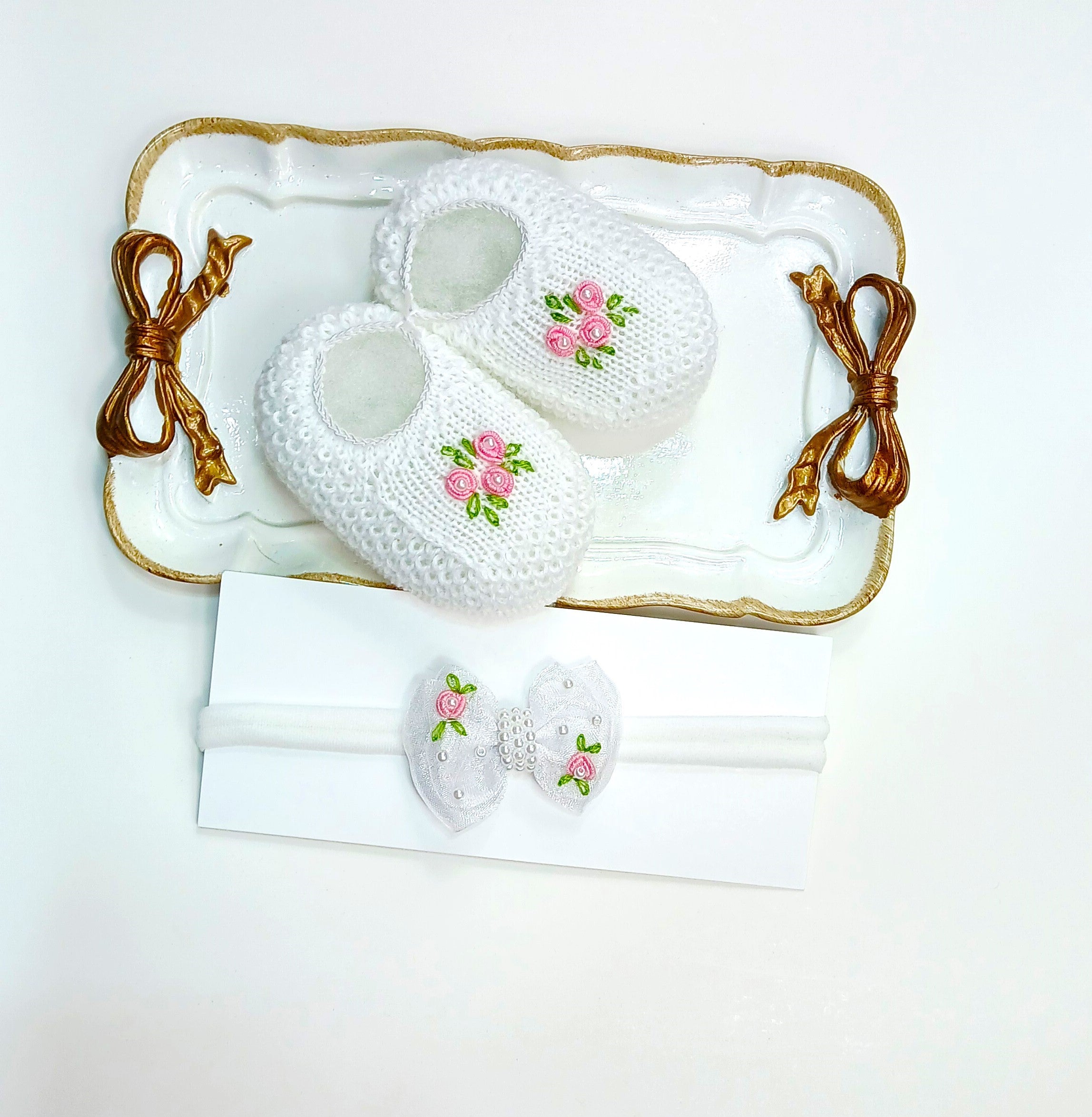 Handmade Bootie and Headband Pink Flowers Set - White