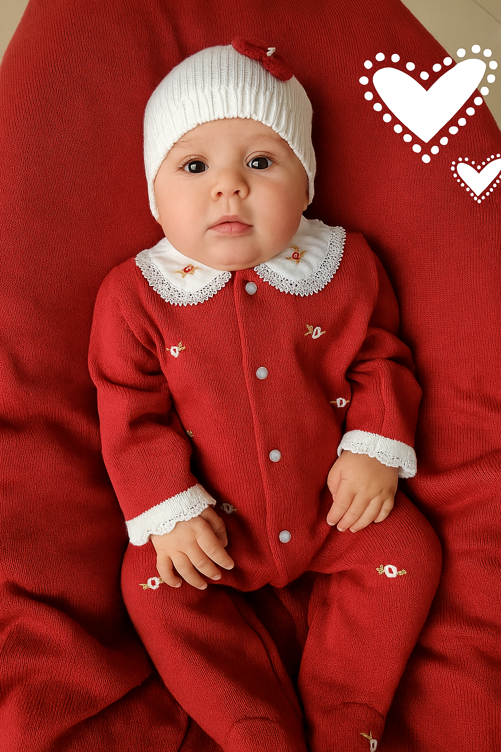 Baby in a red outfit with white trim sitting on a red surface.