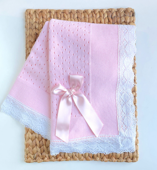 Bella Lace knitted baby blanket - Pink & white