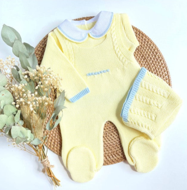 Yellow baby romper with blue trim on a textured surface with dried flowers.