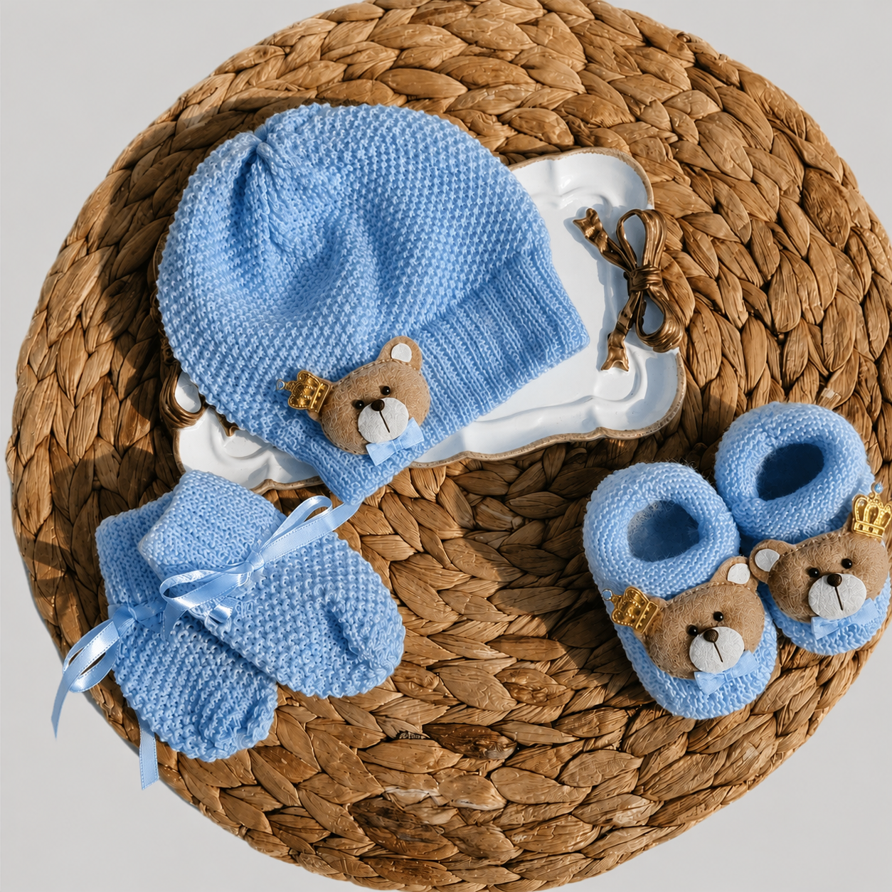 Crowned Bear Hat, Mittens and Booties Set - 3 Colors
