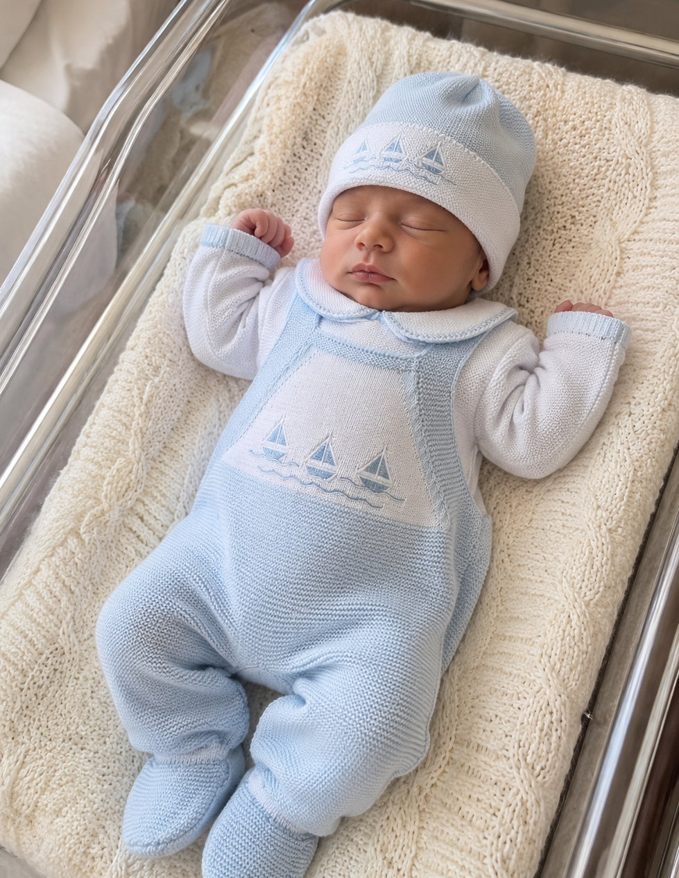 A sleeping newborn baby wearing a light blue knit footed romper and matching beanie hat with embroidered sailboats, lying on a cream knit blanket inside a clear baby bassinet.