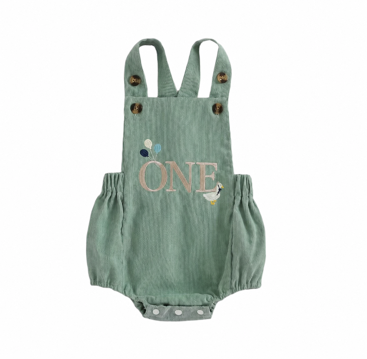 Green baby romper with 'ONE' and bird designs on a white background