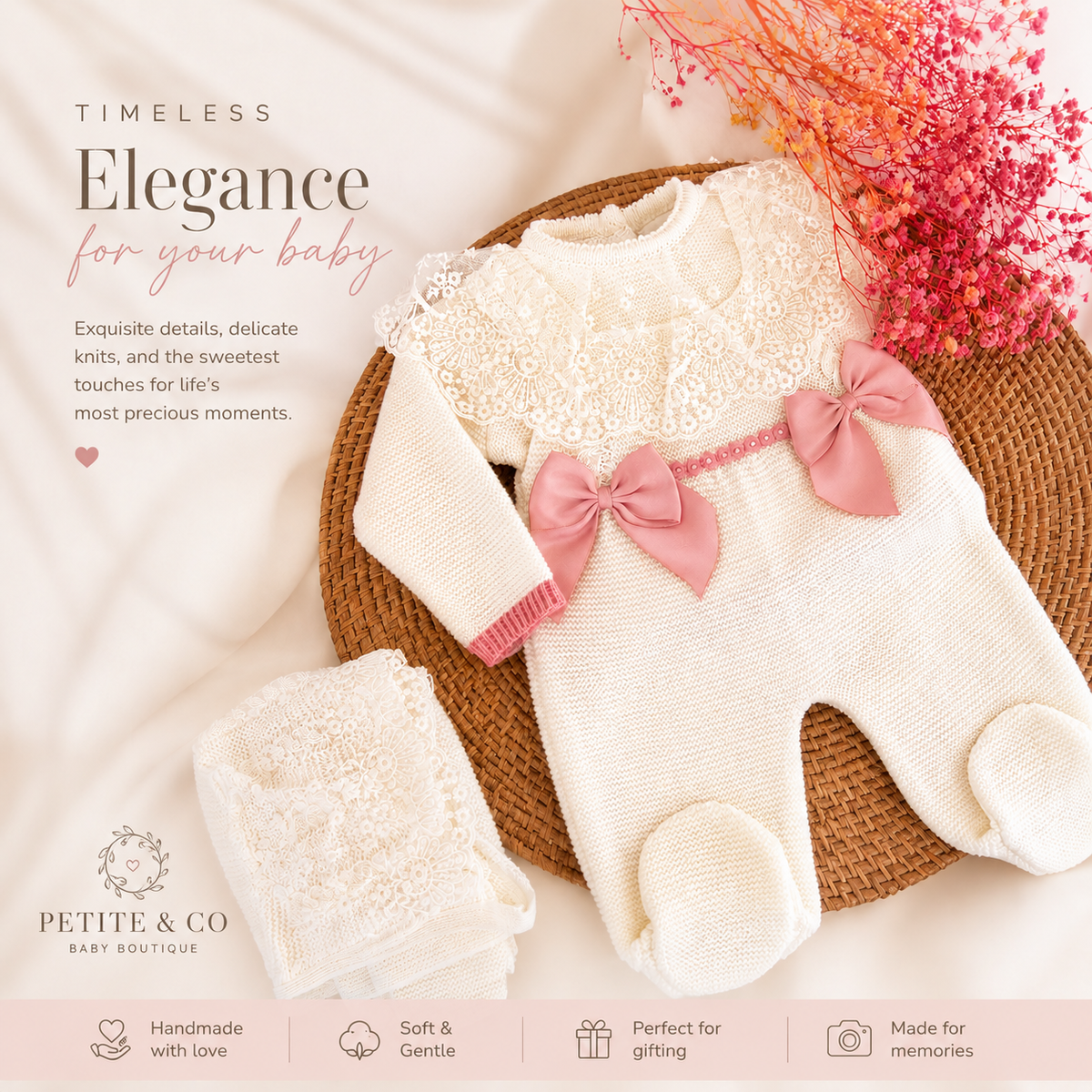 newborn timeless outfit with lace on the bonnet