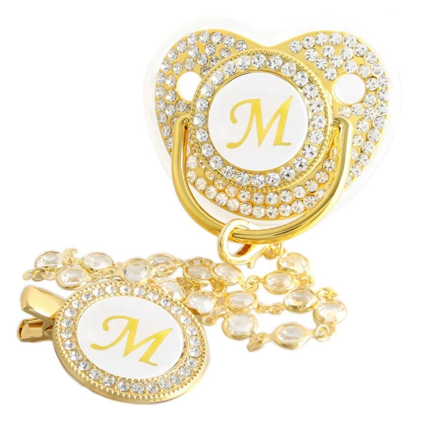 Golden Baby Pacifier with Diamond Chain Clip