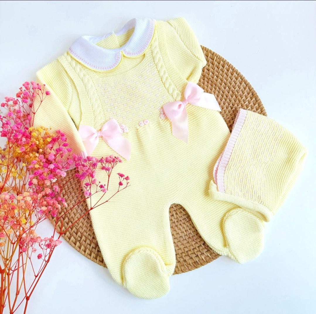 Tricot jacquard Peto deux dentelles - Jaune &amp; Rose