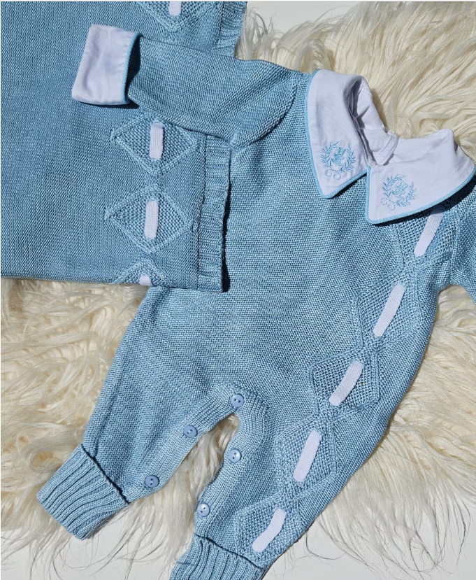 Cotton Stripe Knitted Set - Light Blue