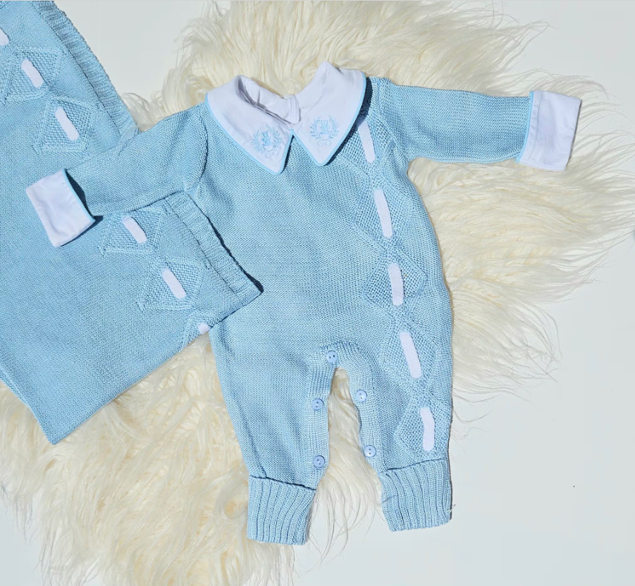 Cotton Stripe Knitted Set - Light Blue