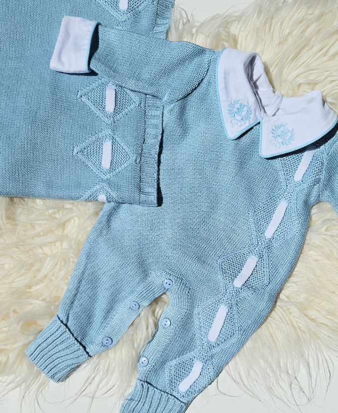 Cotton Stripe Knitted Set - Light Blue