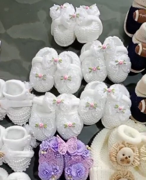 Handmade Bootie and Headband Pink Flower Set - White