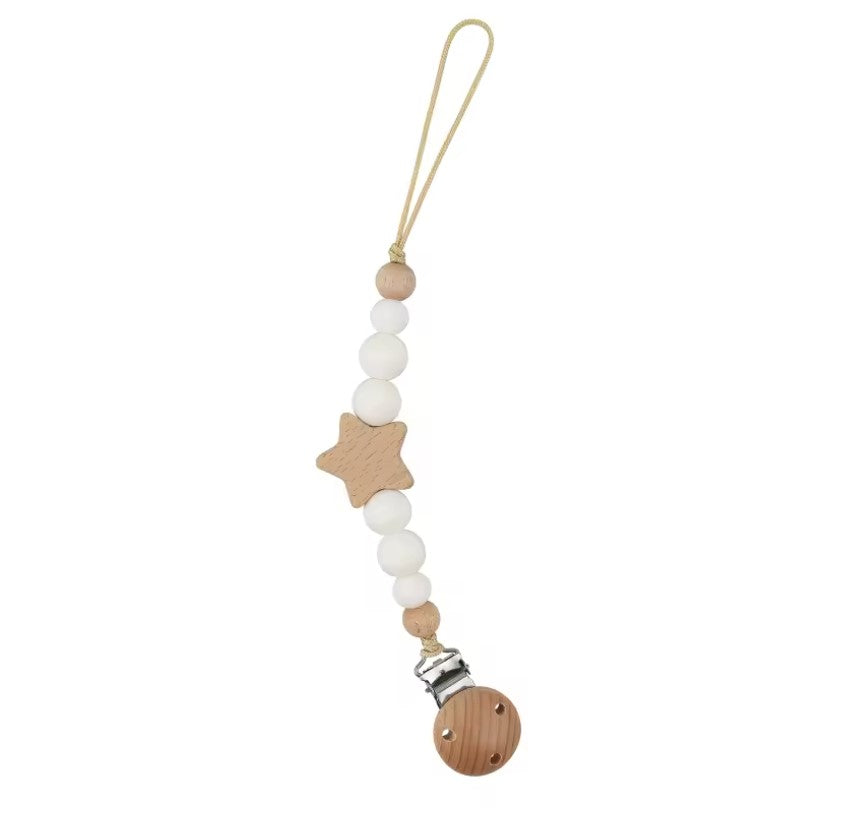 star pacifier chain, teething silicone beads,  silicone beads baby pacifier chain Pacifier clip with beads and wooden elements on a white background