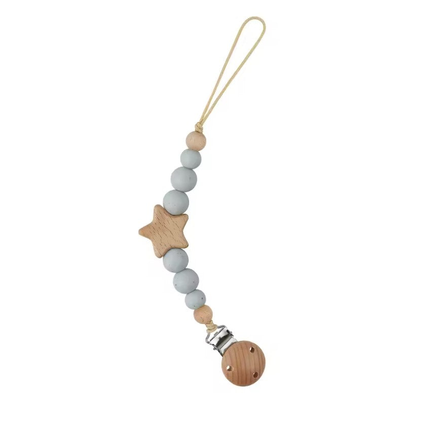 star pacifier chain, teething silicone beads,  silicone beads baby pacifier chain Baby teething toy with wooden stars and beads on a white background