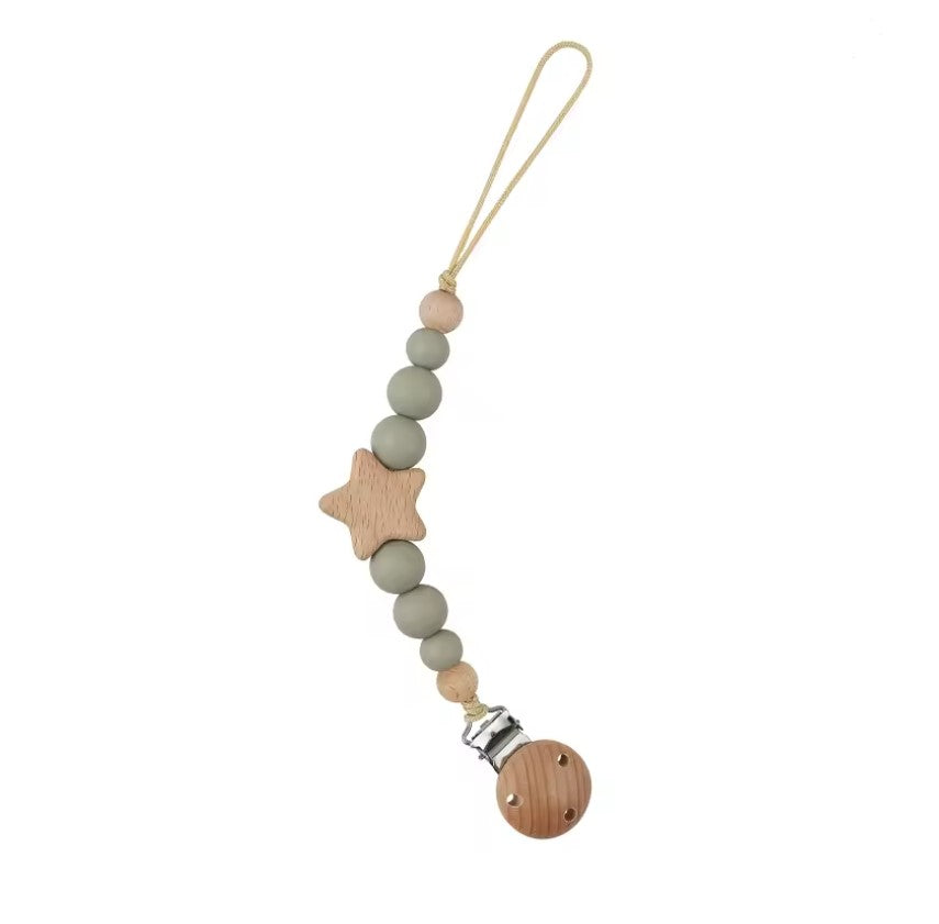 star pacifier chain, teething silicone beads,  silicone beads baby pacifier chain Beaded pacifier clip with star and round wooden elements on a white background