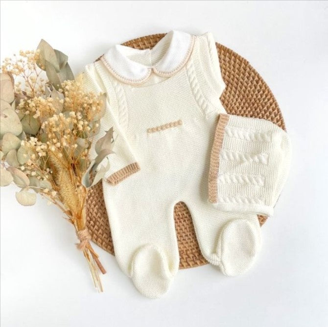 optional neutral baby knit going home outfit Baby outfit with Ivory and brown patterned romper and hat on , newborn boy knit outfit to coming home from hospital. 