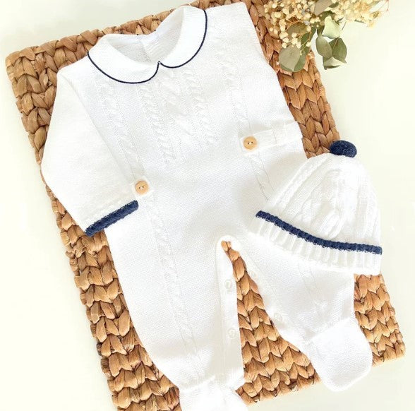 Newborn knit White baby outfit with navy trim for coming home from hospital