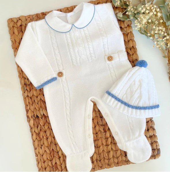 Newborn knit White baby outfit with blue trim for coming home from hospital
