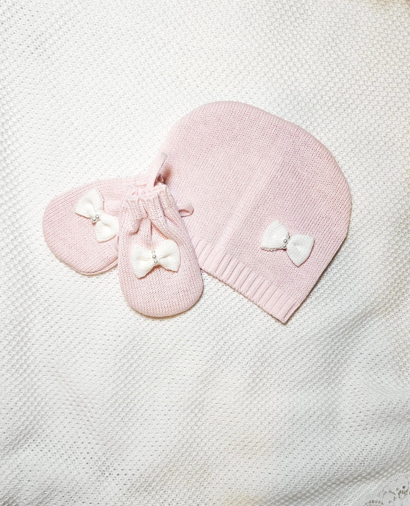 Hat &  Mittens pink knitted baby bonnet Newborn