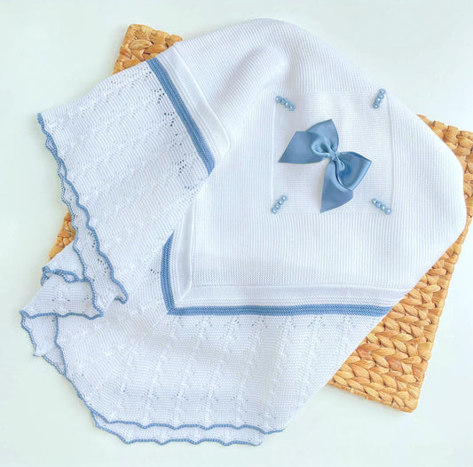 Spanish Knit baby Blanket - White & Indigo Blue