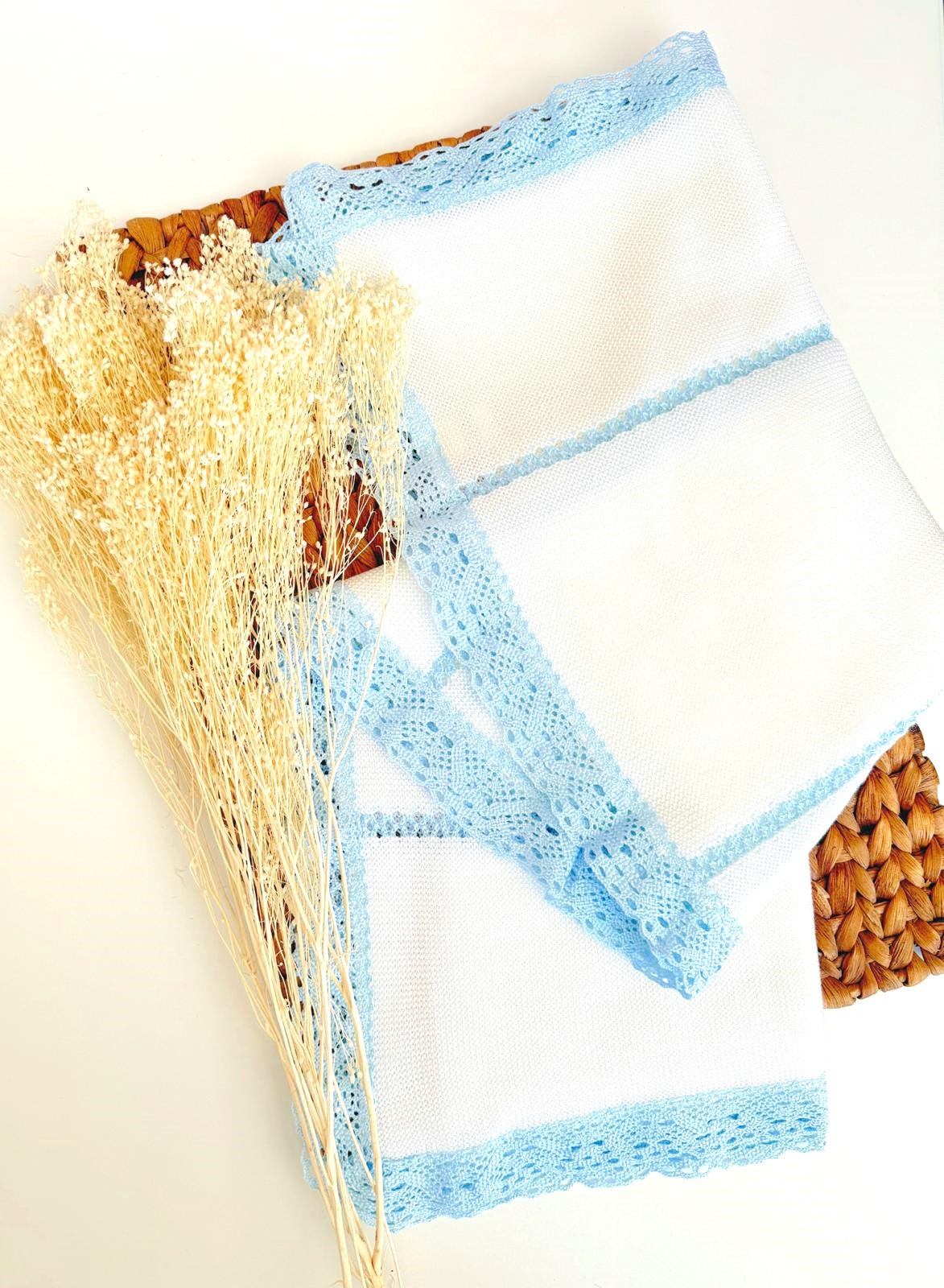 Lace Spanish Knit baby Blanket - White & Light Blue