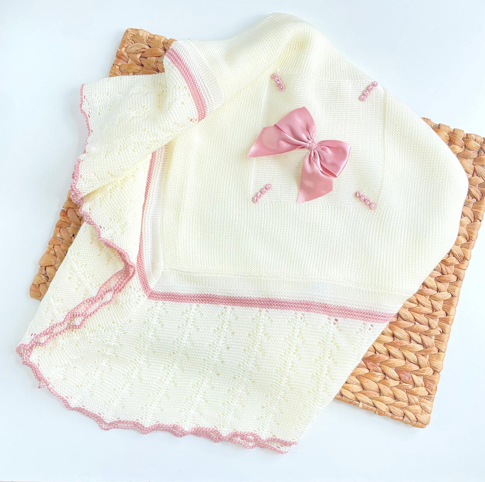 Spanish Knit baby Blanket - Ivory & Old Rose