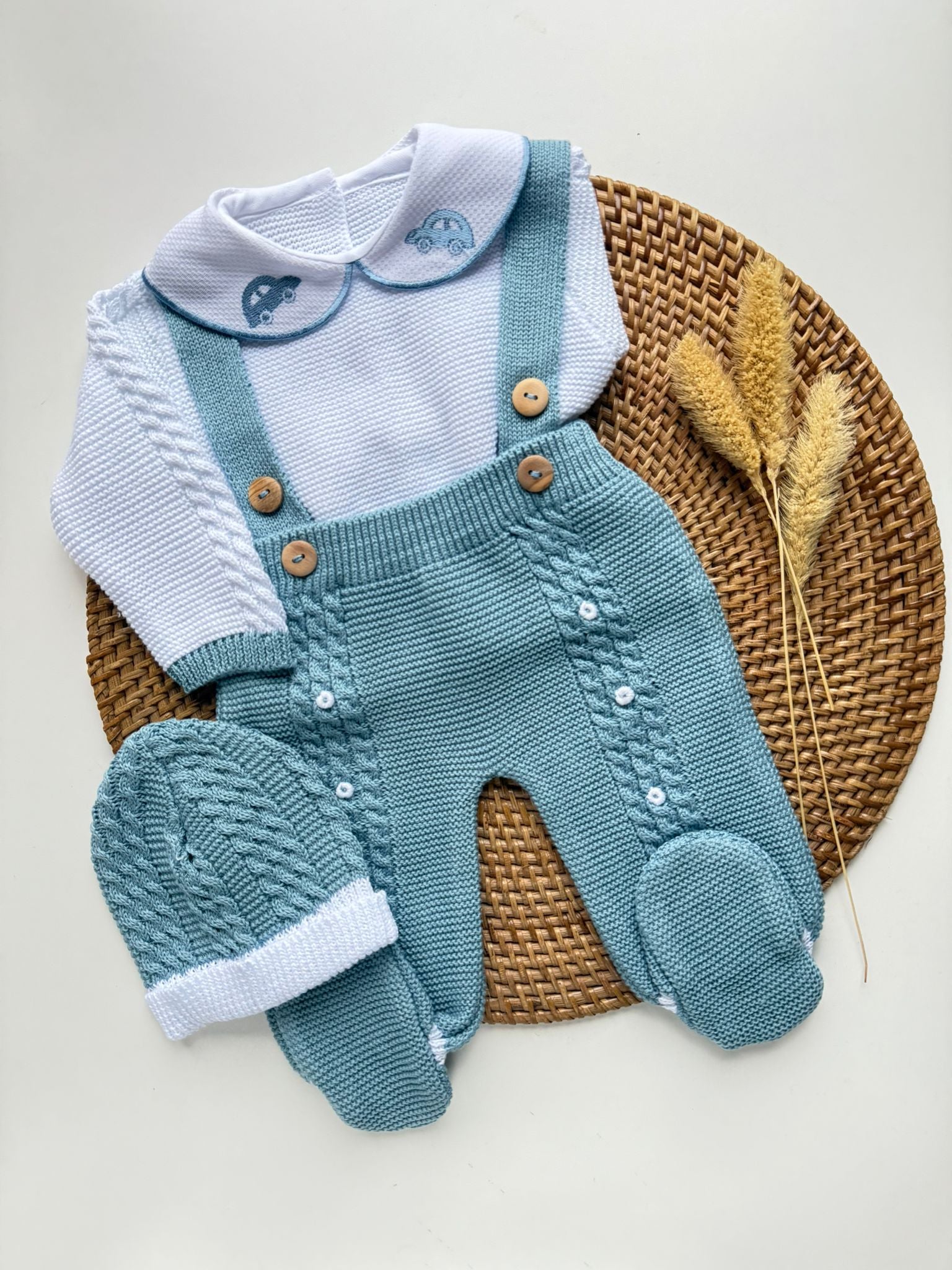 Baby outfit with blue knitted overalls, white shirt, and matching hat Newborn blue knit coming home outfit