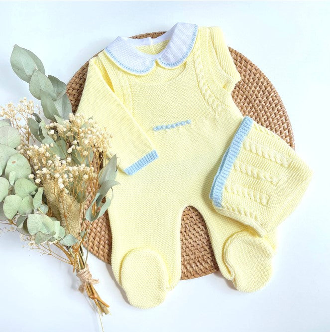 Yellow baby romper with blue trim knitted made with cotton,  newborn boy take me home outfit