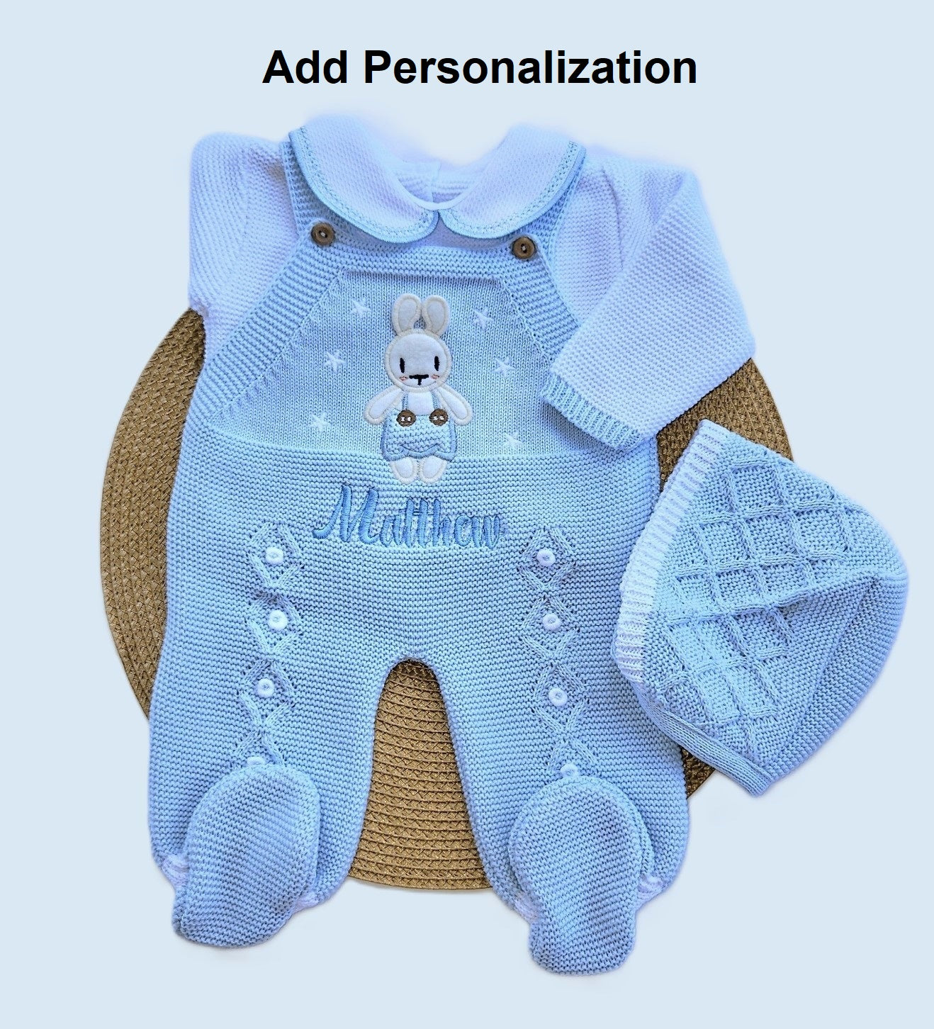 bunny newborn going home outfit, newborn boy take me home outfit, baby boy knit outfit, baby knit coming home set, classic baby clothing, traditional baby clothing. with baby's name embroidery on the outfit