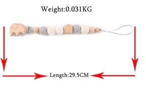 wooden elephant pacifier clip crochet pacifier chain Teething toy with measurements on a white background