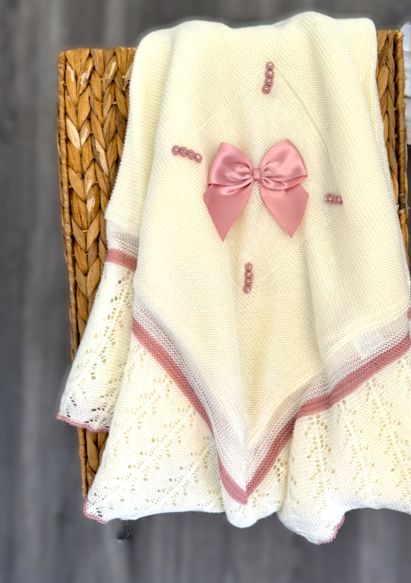 Spanish Knit baby Blanket - Ivory & Old Rose