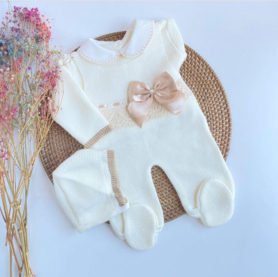 Baby girl outfit with ivory white sweater, overall pants, strike a Beige satin bow and a beige lace  on the waist 