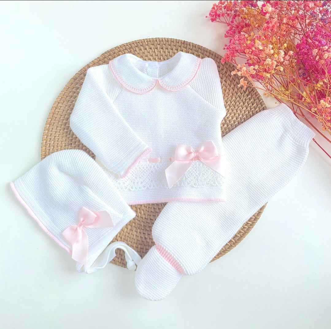 newborn girl white pink knitted outfit, personalized baby girl outfit, embroidery name baby girl coming home outfit