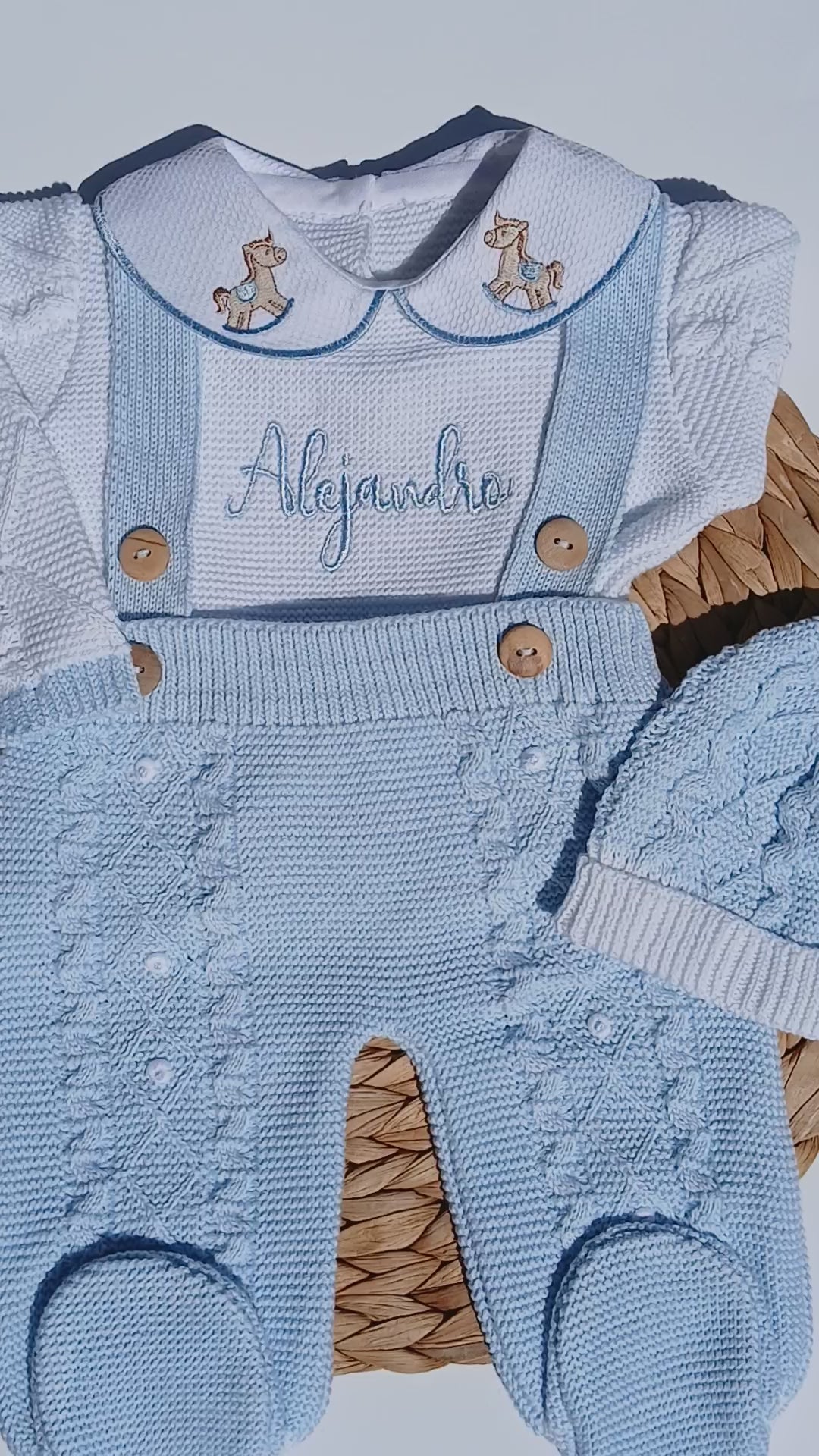 horse embroidery detail on knit overall baby outfit