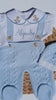 horse embroidery detail on knit overall baby outfit